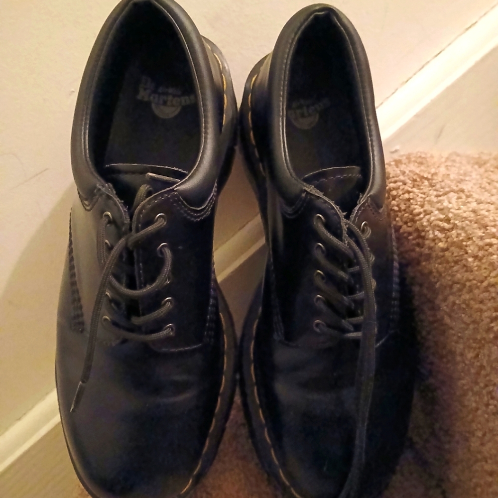 Dr. Martens Black Leather Platform Derby Shoes with Yellow Stitching - Picture 6 of 10